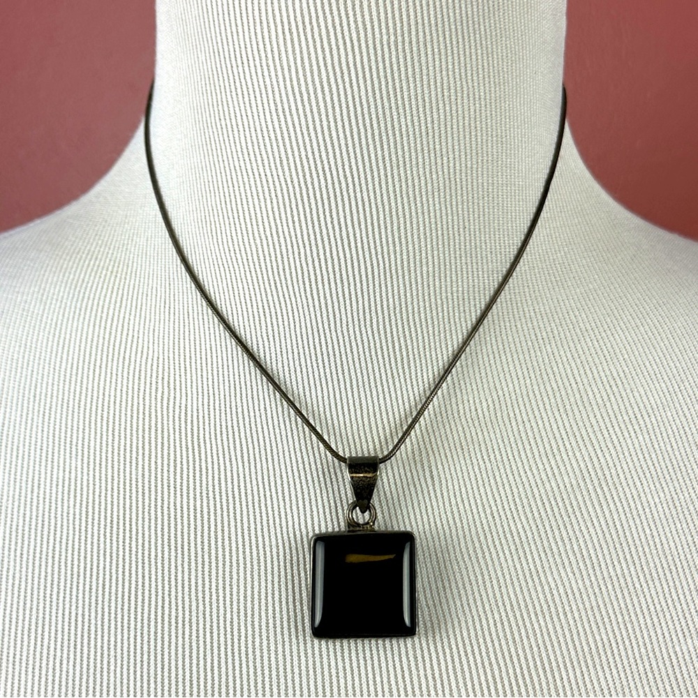 Vintage .925 Sterling Silver Square Onyx Pendant Charm on Silver Chain